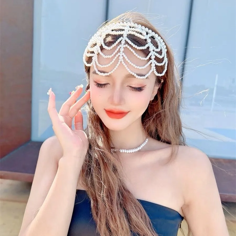 Fashion Hand Woven Pearls Hair Bands Headdress Elegant Luxury Bridal Crown Women Tassel Net-like Hairwear Jewelry Accessories