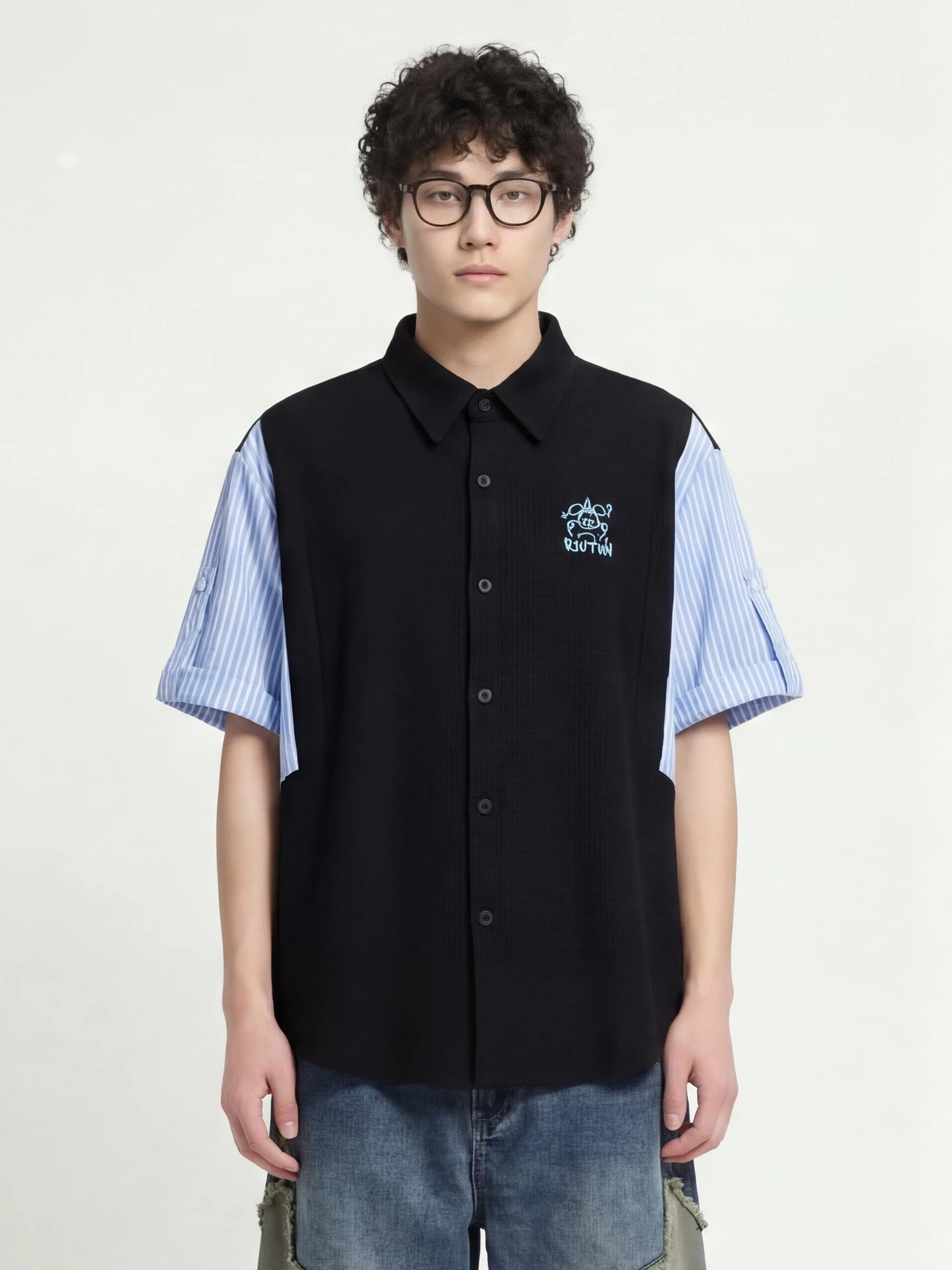 

Loose ort Sve irt with Bae Lanyard Design Casual Sle Polyester Fiber Breathable Summer Faion for Youth Men's Wear