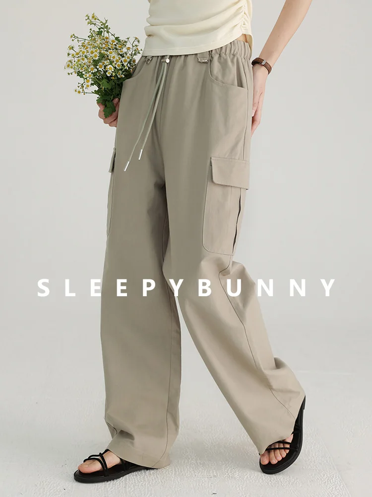 Women's High-Waist Cargo Pants Loose Fit Drawstring Wide-Leg Trousers Casual Vintage Straight-Leg Pants for Spring Summer