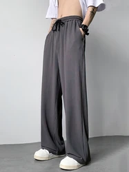 Summer Straight Ice Silk Casual Pants Men High Waist Pleated Long Trousers Thin Sport Wide leg Sweatpants Male Baggy