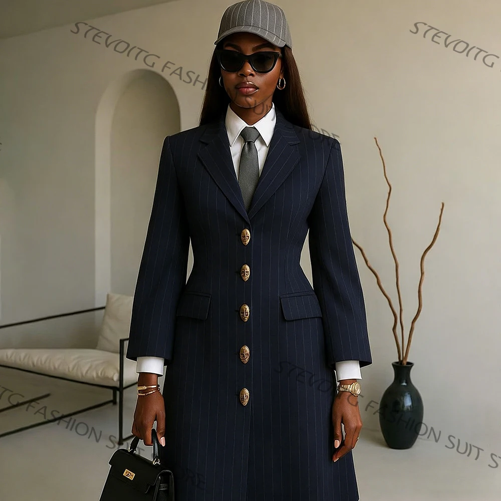 

Sophisticated Navy Pinstripe Single-Breasted Women's Long Jacket Slim Fit Tailored One Piece Coat Formal Office Set Daily Wear