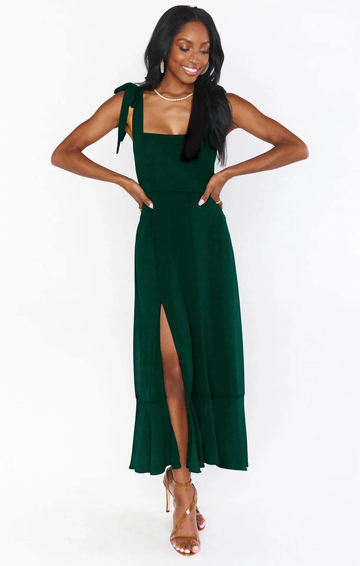 

Women's Spring New Elegant French Style Maxi Dress, Slit Hem Ruffle Tie Waist Long Dress with Premium Feel