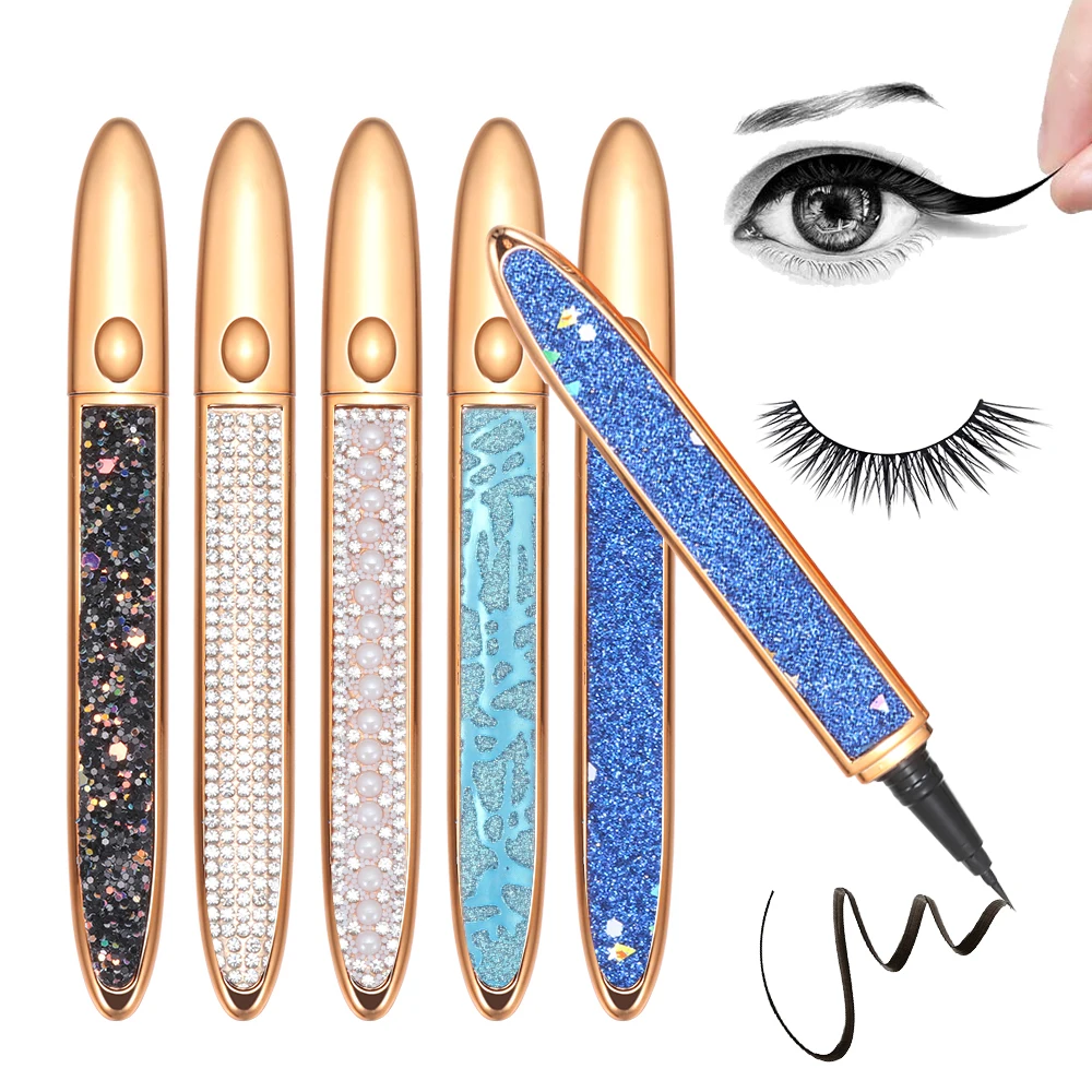Delineador de pestañas mágico autoadhesivo 2 en 1, lápiz de pegamento No magnético, sin pegamento, delineador de ojos líquido brillante de diamante, resistente al agua, de larga duración