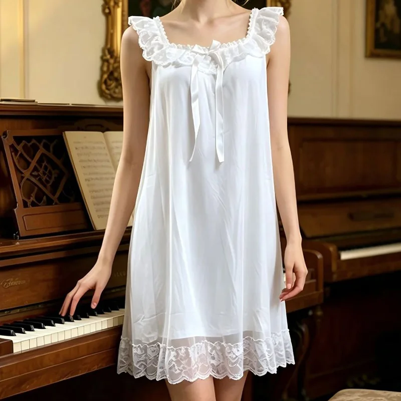 Women Sleeping Gown Sleeveless Ruffles Mesh Modal V-Neck Dress Summer Lace French Vintage Princess Sleepwear Home Wear view 4