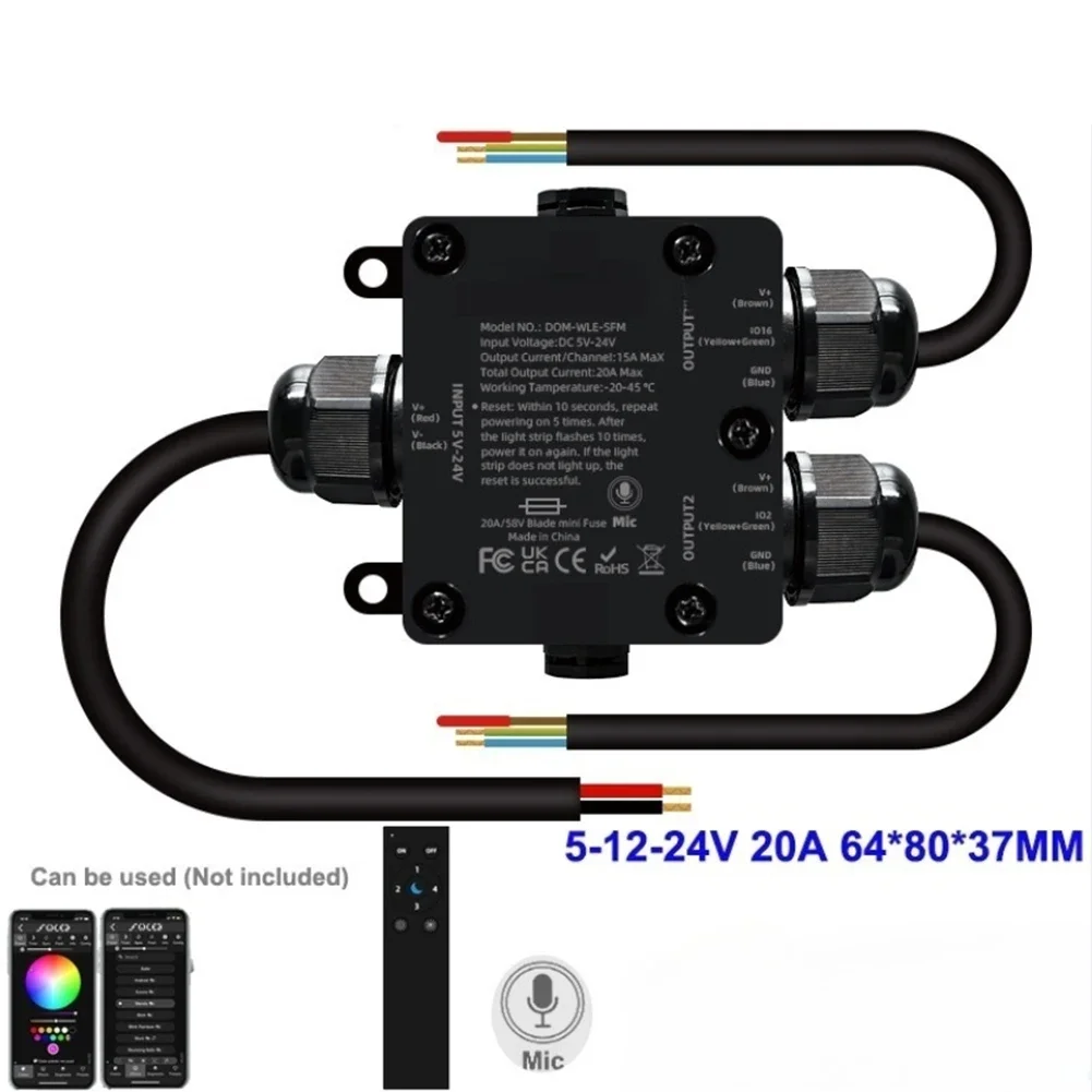 WiFi RGB Driver IP65 LED Controller Made Of PC Material 20A Max Output Stable WiFi Connectivity Over 100 Dynamic Modes