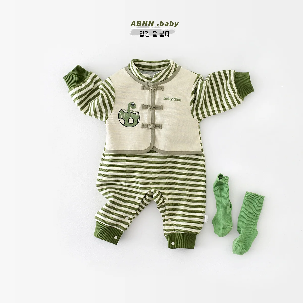 

Jenny&Dave Spring New Baby Chinese Style Casual Stripe Long Climbing Dinosaur Super Cute Ha Yi Climbing Clothes for Children