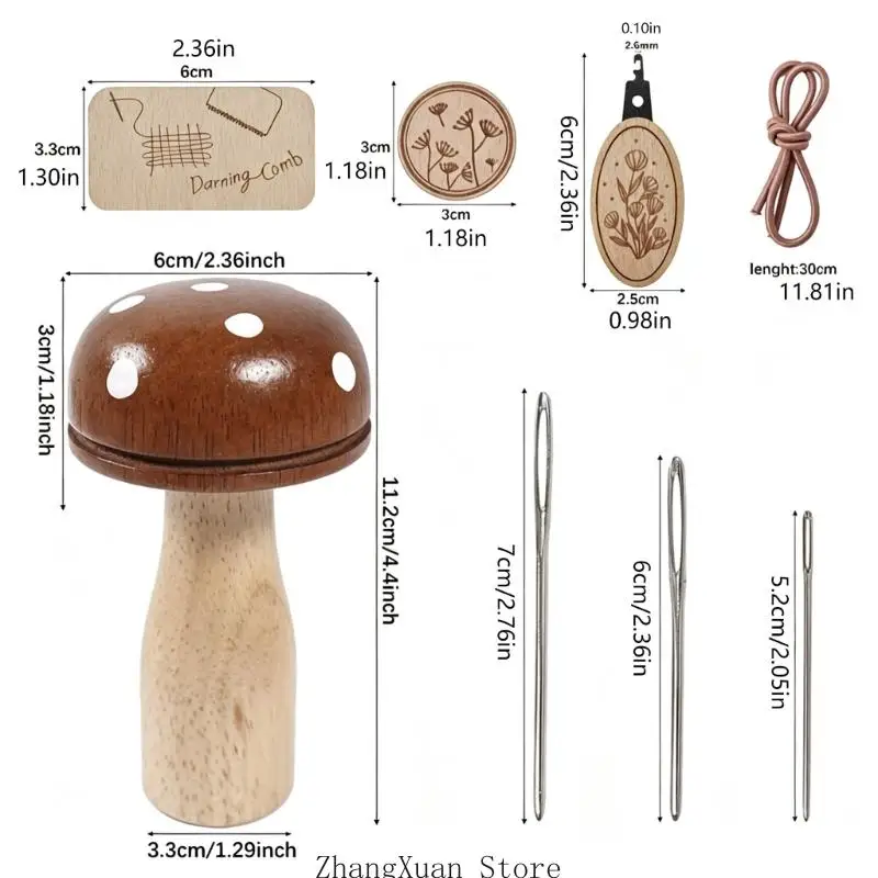Pullover- und Sockenpflegeset, Stopfpilz aus Holz mit Fadenzubehör und Aufbewahrungskoffer für die Reparatur von – Detail 6