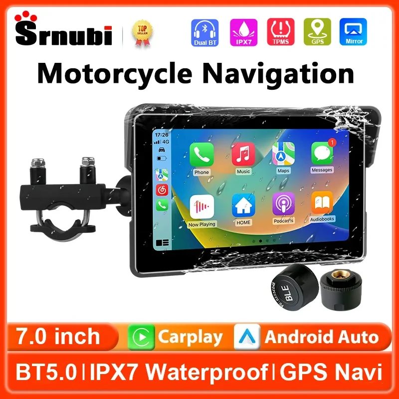 7 inch Motorcycle Carplay Wireless CarPlay Android Auto Dual BT Moto GPS Navigation Support TPMS IPX7 Waterproof Touch Screen