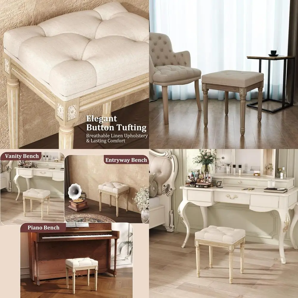 

Upholstered Vintage Bench for Bedroom, Dining, or Living Room, Beige with Rustic Wood, Easy Assembly
