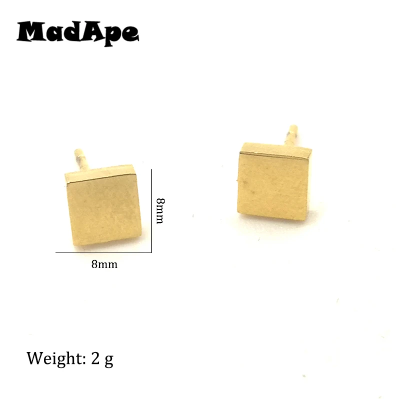 MadApe 316L Stainless Steel 8mm Square Stud Earrings Gold Color Never Fade For Women And Man Stud Earrings Couple Jewelry