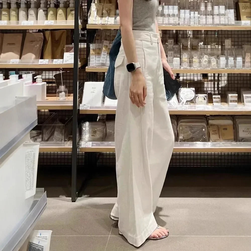 

Pop Spring 2025 New Style High Waist Draped Slimming Straight Leg Cotton Linen Wide Leg Pants White Casual Trousers Women's Wear