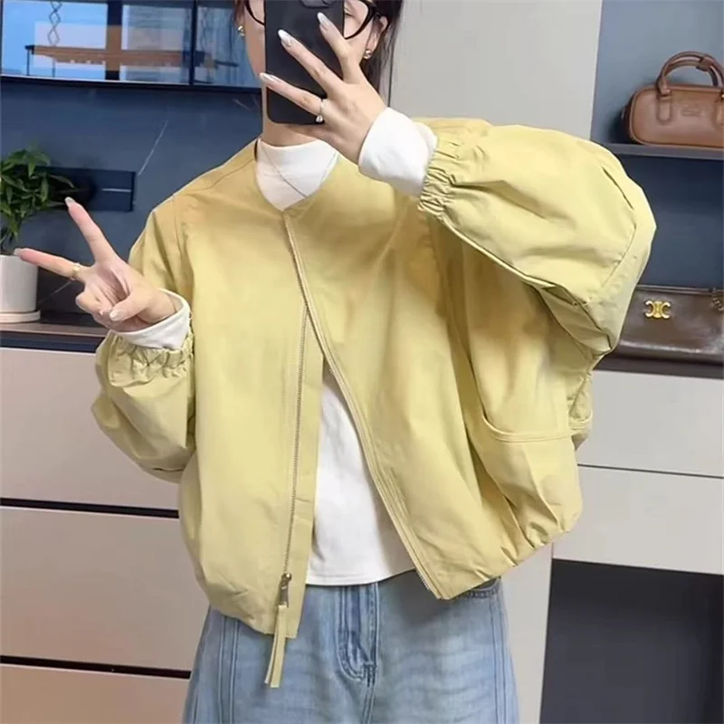 

Jacket Women Korean Simple Round Neck Solid Color Short Coat Female 2025Spring Autumn New Outwear Casual Loose Overcoat Tide Top