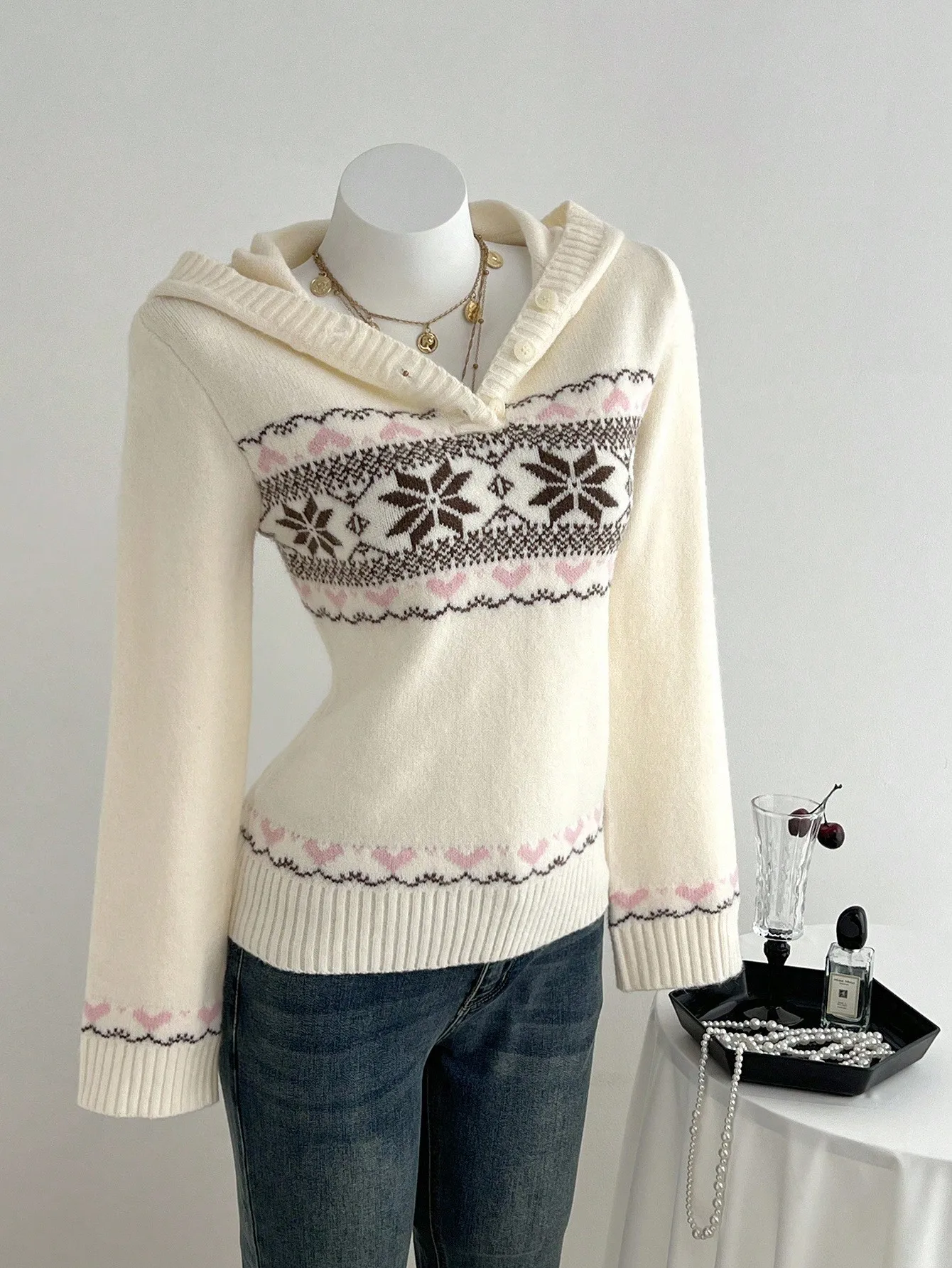 

Women's Cozy Heart & Snowflake Pattern Hooded Knit Sweater, Long Sleeve Pullover for Fall Winter