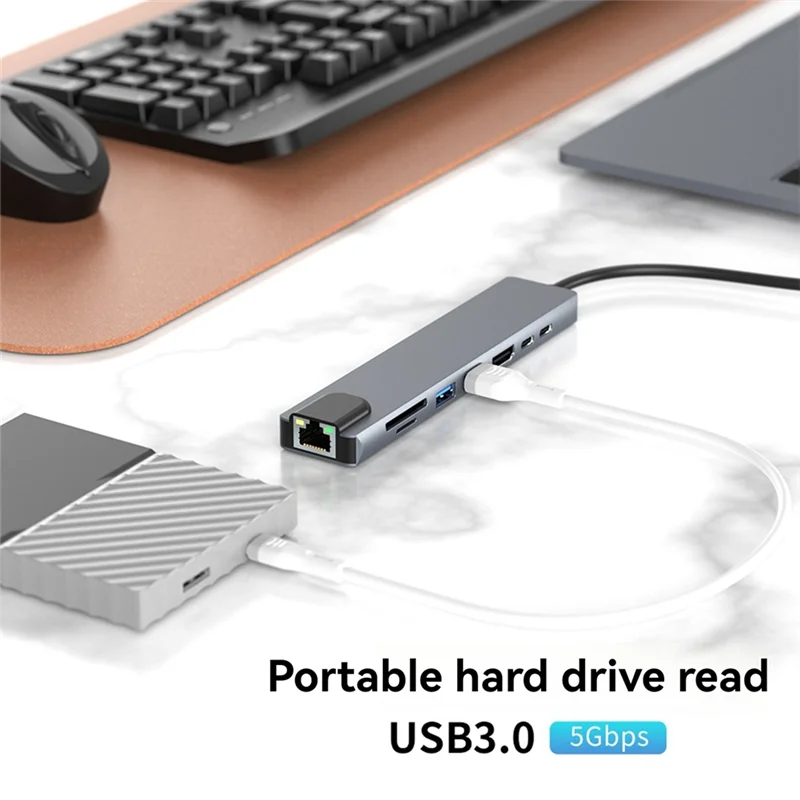 USB 3.0 Type C HUB  With Ethernet, 4K HD, USB 3.0, SD Card Reader, 87W PD Charging High-Speed Data Transfer For Windows、Macos