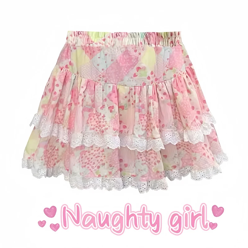 Women Floral Mini Skirt Kawaii Summer 2024 Ruffles Japanese Y2k Cute Girls Sweet Cake Pomp Skirt Layered Short Skirts faldas