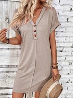 For Women Casual Trend Short Sleeve Mini Dress New Summer Fashion Solid V Neck Button Down Beach Party Dresses Femme Robe
