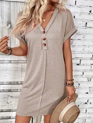 For Women Casual Trend Short Sleeve Mini Dress New Summer Fashion Solid V Neck Button Down Beach Party Dresses Femme Robe