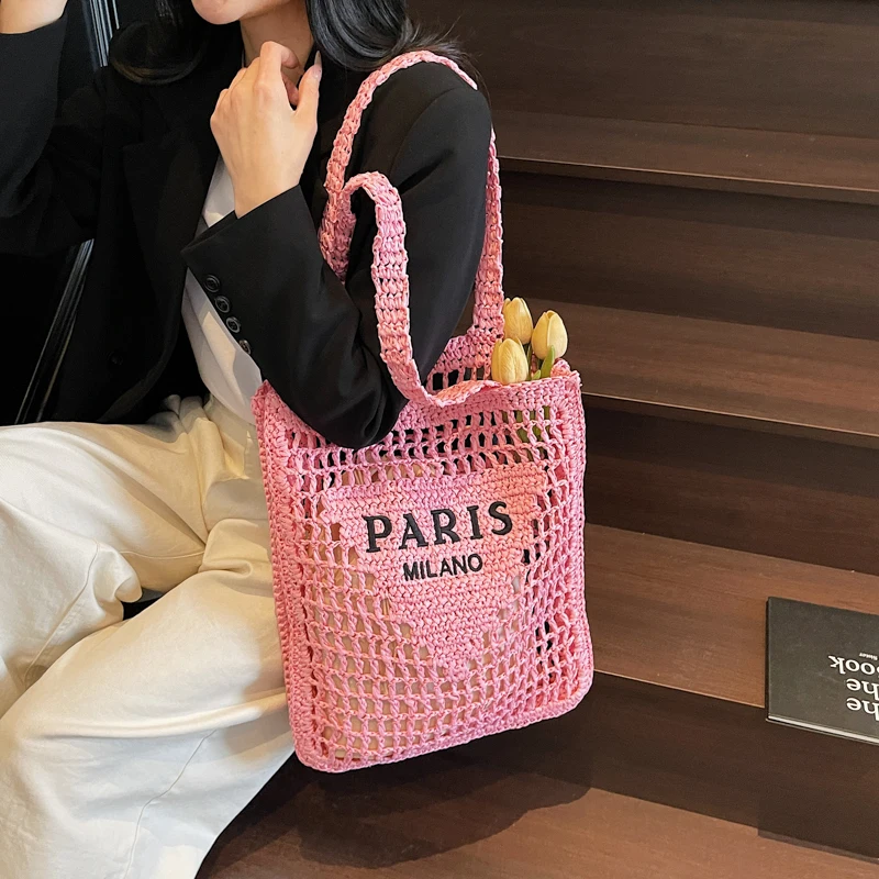 

Large Capaci Woven St Bag Hollow out Faionable Casual Beach oulder Bag Leisure Tote Bag Korean Sle Zipper Closure