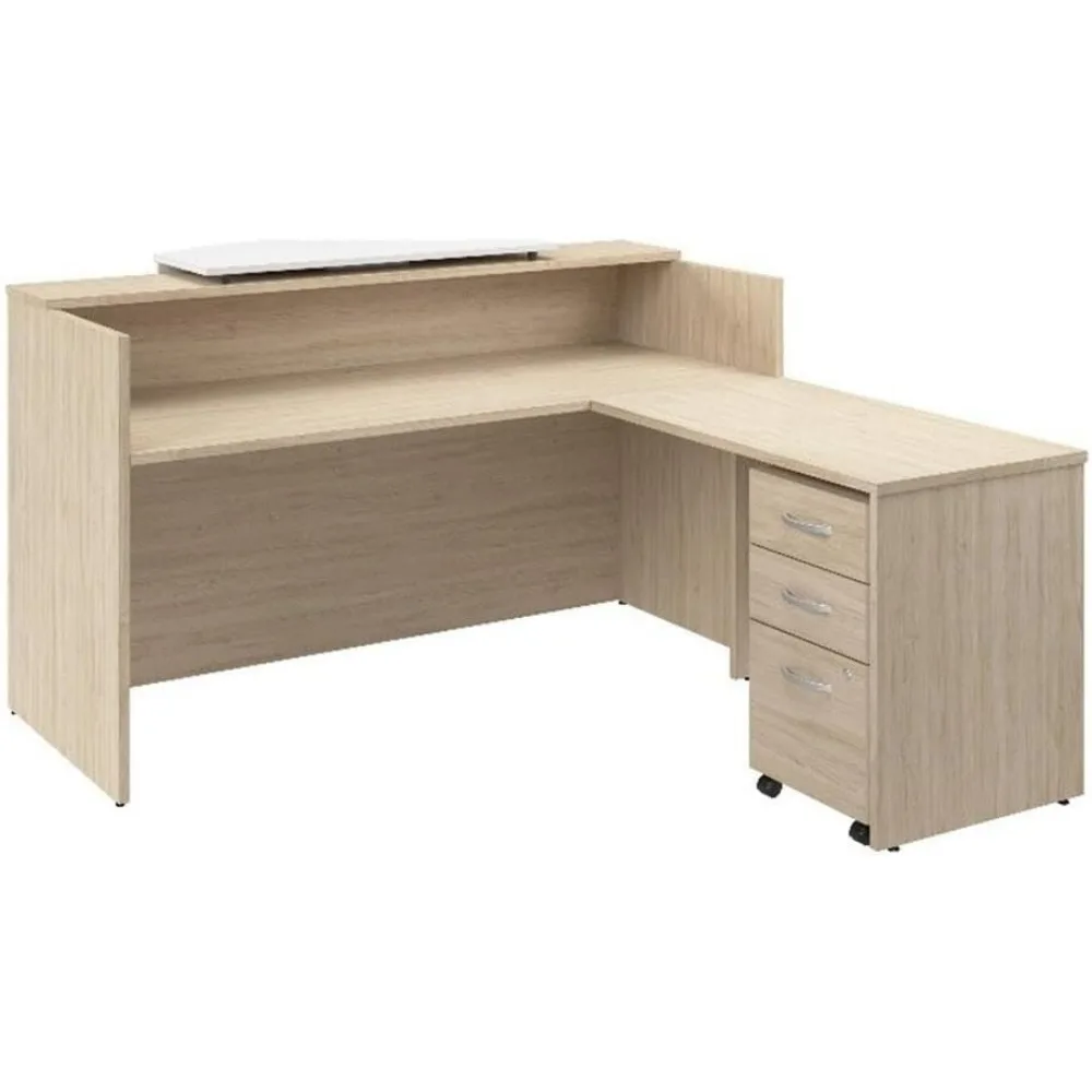 

72W x 72D L Shaped Reception Desk with Counter and Mobile File Cabinet in Natural Elm