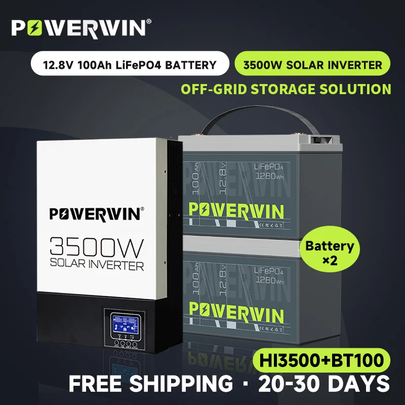 

POWERWIN BT100 12V 100Ah/1280Wh LifePO4 HI3500 3500W Hybrid Solar Inverter 24V 100A MPPT Pure Sine Wave Off-grid LCD 24V Battery