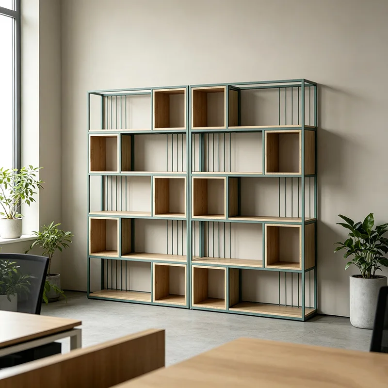 Living room floor-to-ceiling bookshelf green wrought iron shelf simple office study whole wall