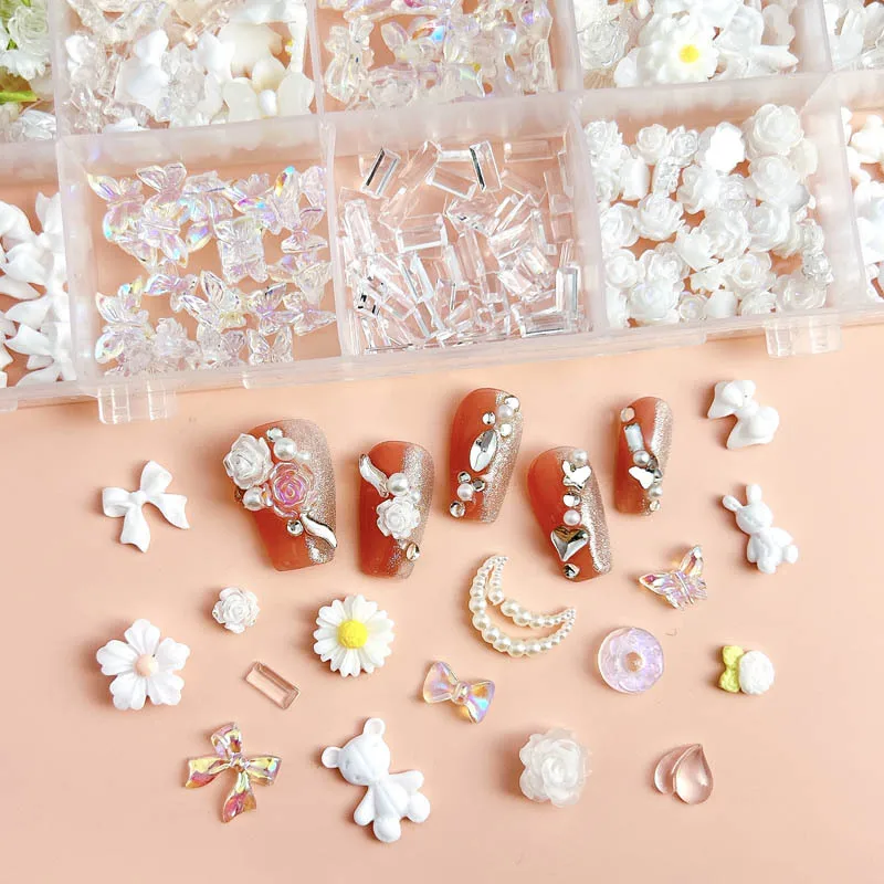 1 Box Random Mixed Resin Nail Charms Cartoon Bear butterfly Pearl Rose Lollipop Nail Art Decoration Accessories Manicure DIY