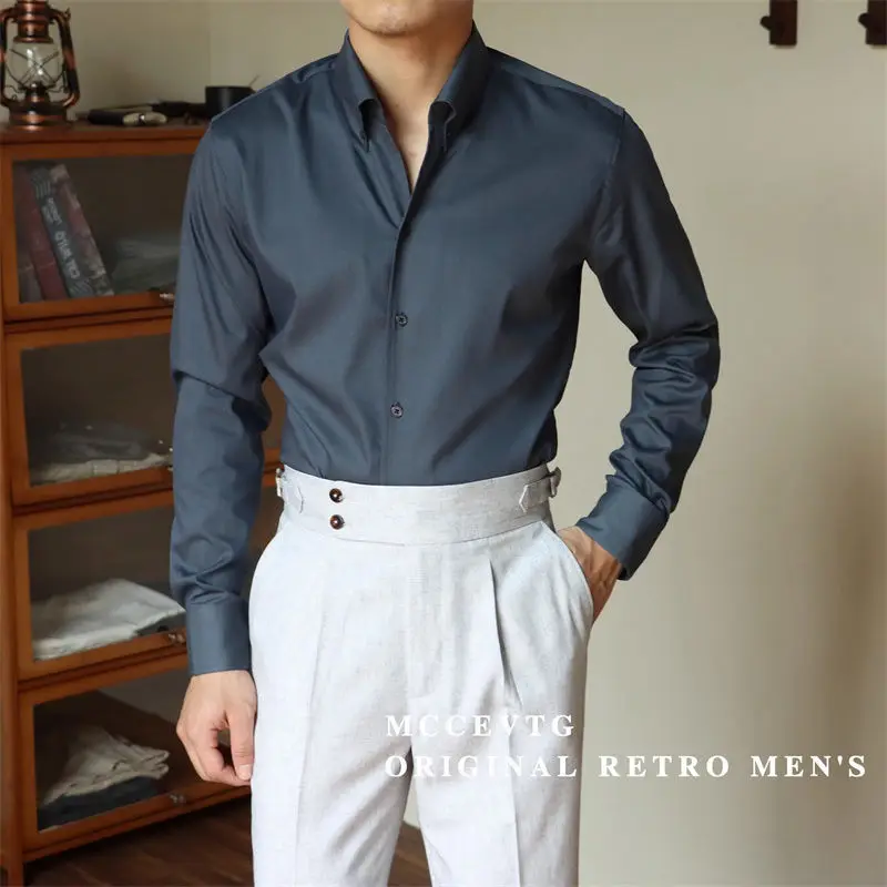 Mature Mens Shirts High-end Silky Non-iron Retro Square Collar Business Casual Solid Color Long Sleeve White Men Dress Shirt