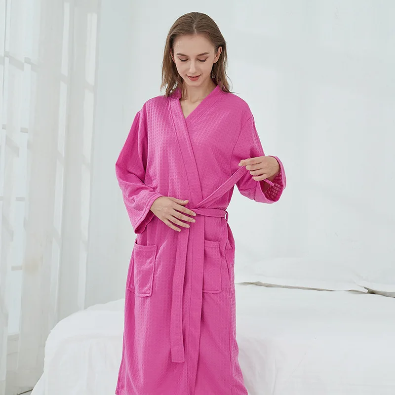 Couples Spring Autumn Waffle Bathrobe Pajamas For Women And Men With Waistband Pockets Nightrobe Long Sleeve V-Neck Solid Loose