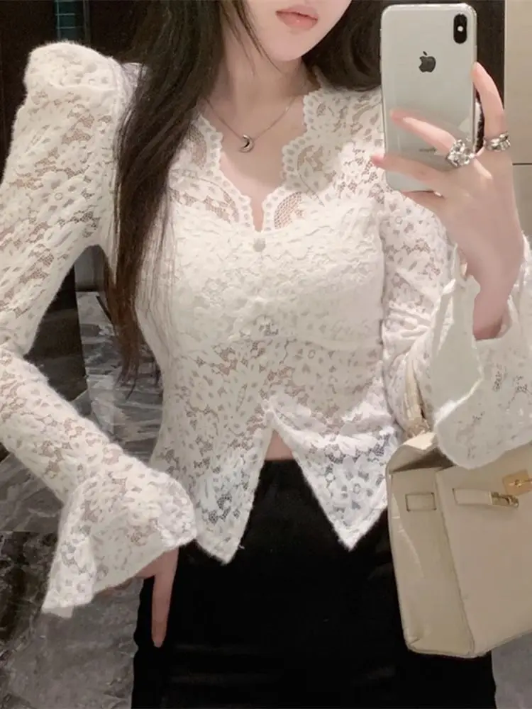 Camisa de base de renda grossa de lã com mangas de bolha divididas com decote em V Top de manga larga Ropa De Mujer Crop Top Camiseta preta Blusa Футkusлки