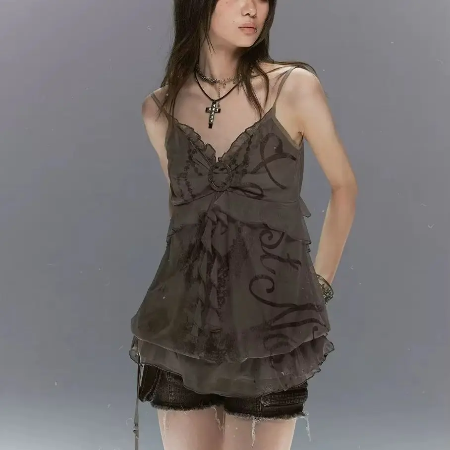 Cestnous Punk Retro Lace Patch Spaghetti Chains Printing Drawstrings Ruffles Cute Camis Top Summer Grey Subculture Strap Top