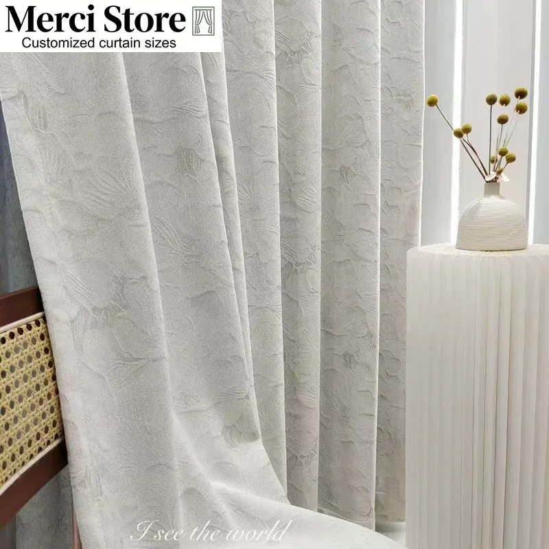 Chenille Embossed Jacquard Blackout Curtains Thick Heavy‑Duty for Living Room Bedroom French Cream Custom Size Window Texture