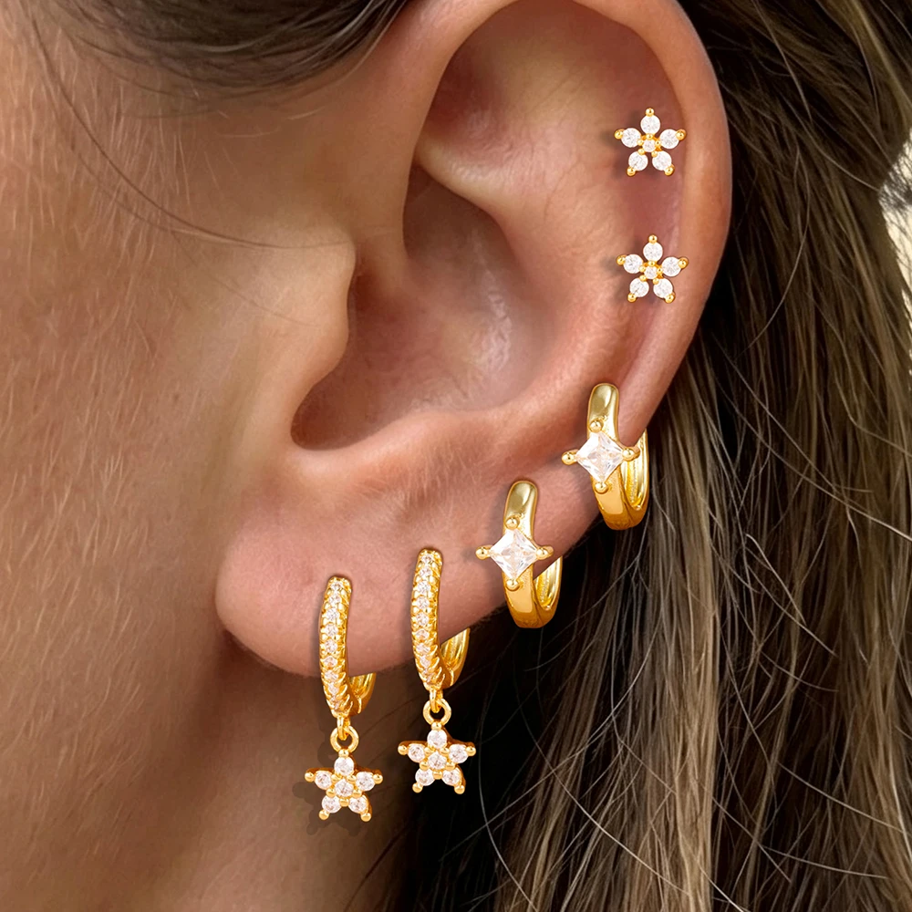 3PCS/6PCS Fashion Rhombus Hoop Earrings Set For Women Stainless Steel Zircon Flower Ear Stud Engagement Birthday Jewelry Gift