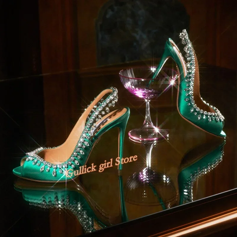 Green Satin Crystal Pumps Peep Toe Stiletto High Heel Slingback Classic Fashion Hot Sale Runway Party Sandals Stiletto High Heel