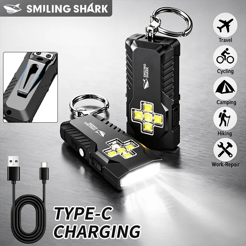 SMILING SHARK Mini Flashlight key chain Light Rechargeable 5Mode Red Blue Warning Light Outdoor Waterproof Emergency TIP186