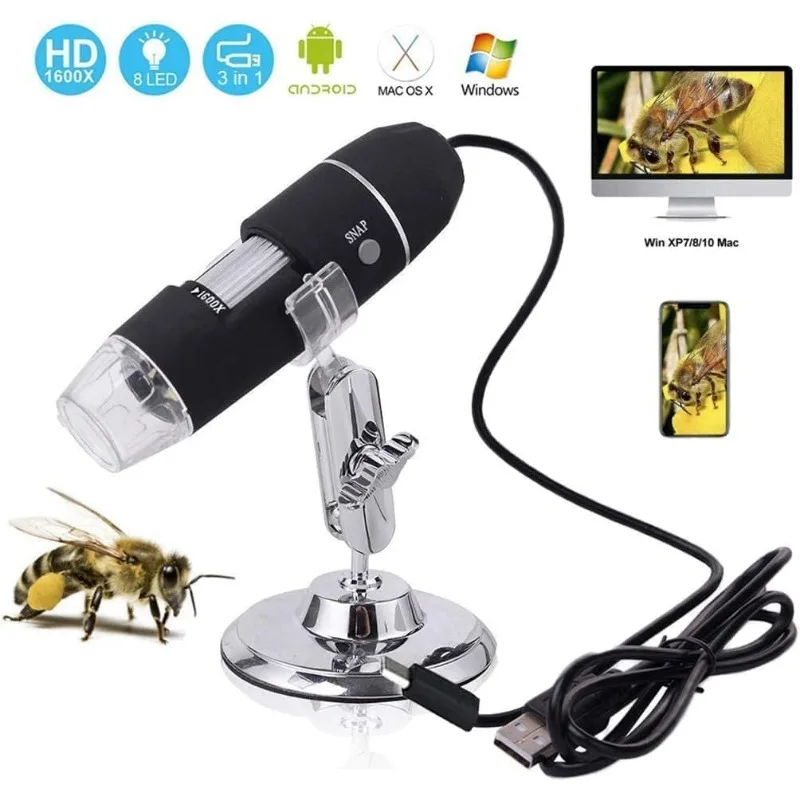 USB Digital Microscope 50X to 1600X, 8 LED Magnification Endoscope Camera with Metal Stand, With USB+Micro+Type-C For windows