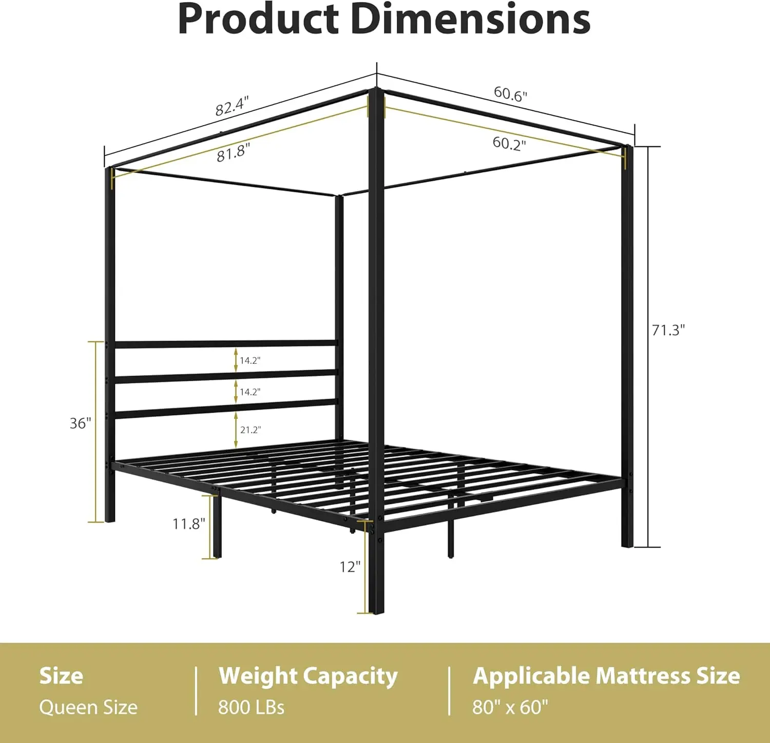 Metal Four-Poster Queen Size Canopy Bed Frame with Headboard Storage Sturdy Industrial Design Wooden Foundation Maximum