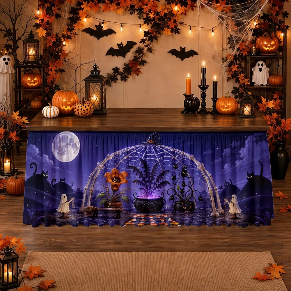 Halloween table skirt - polyester - ghost gothic - magical midnight cemetery witchcraft - pumpkin moonlight