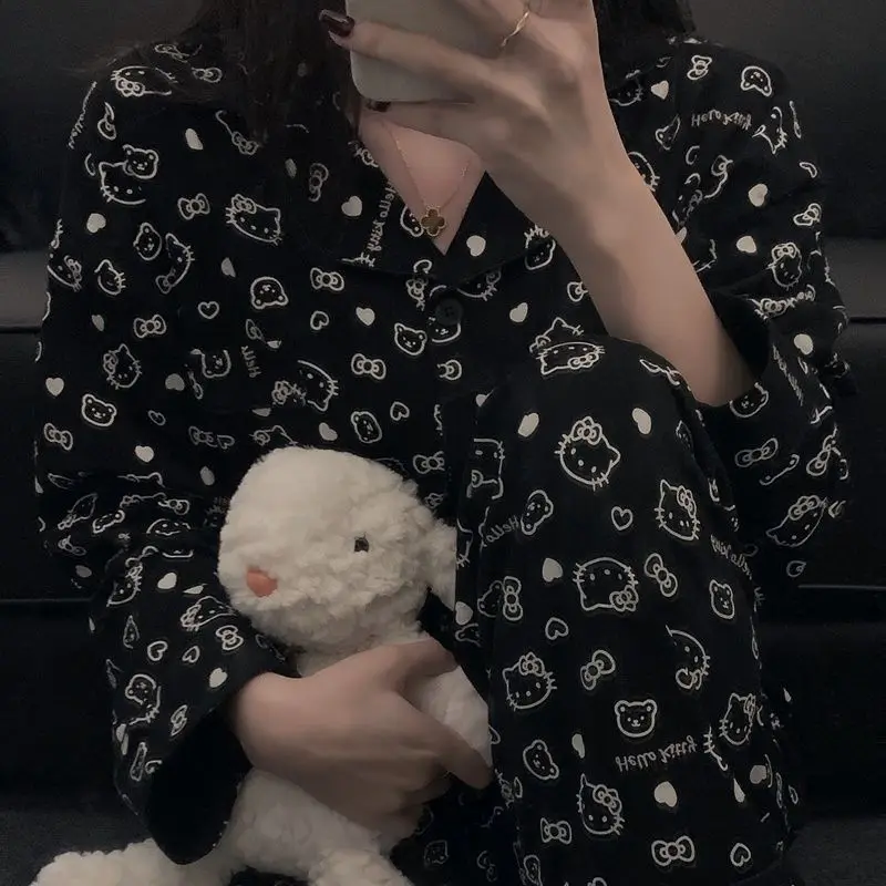 

Hello Kitty Pajamas Set Anime Kawaii Sanrio Melody Spring Summer Black Long-Sleeved Trousers Cartoon Cute Girl Thin Home Wear