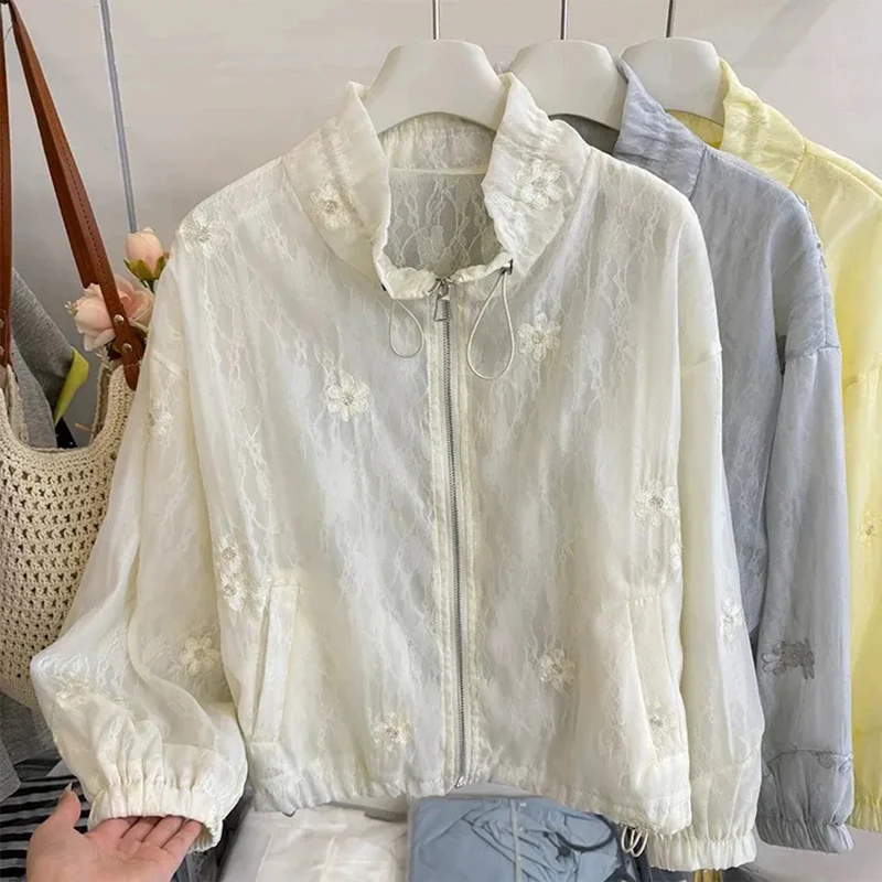 

women's 2025 early spring Joker jacket top Design sense stand-up collar crochet embroidery lace stitching sunscreen coat