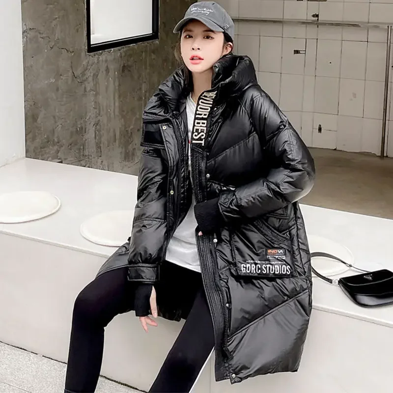 2023 New Women Down Jacket Winter Coat Female Mid Length Version Parkas Loose Thick Warm Outwear Hooded Leisure Time Overcoat