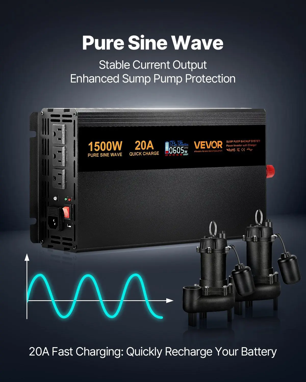 Sistema de backup de bateria de onda senoidal pura 1500W para bomba de depósito 3000W interruptor automático de surtos monitor LCD saída dupla 20A carregamento