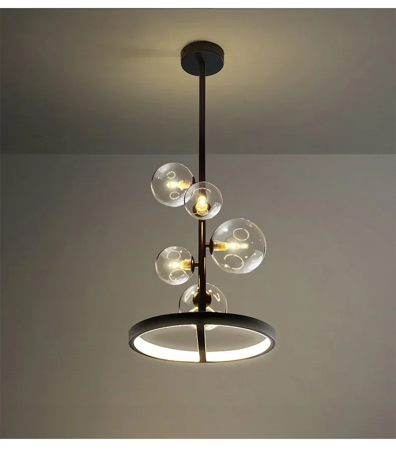 Plafonnier LED noir composé de boules de verre transparentes, design nordique moderne et créatif, éclairage d'intérieur, luminaire décoratif de plafond, idéal pour un salon, une salle à manger, un bar, un café ou un restaurant, G9