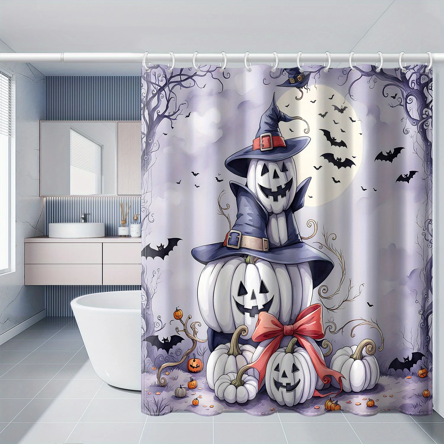 

Очаровательная занавеска для душа на Хэллоуин с тыквой ведьмы — идеально подходит для жуткого декора ванной комнаты. Высококачественная ткань обеспечивает долговечность