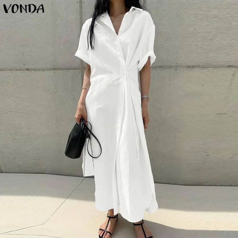 VONDA Sommer Damen Langes Kleid Kurzarm Übergröße S-3XL Einfarbiges Sommerkleid OL Arbeit Umlegekragen Party Vestidos Streetwear