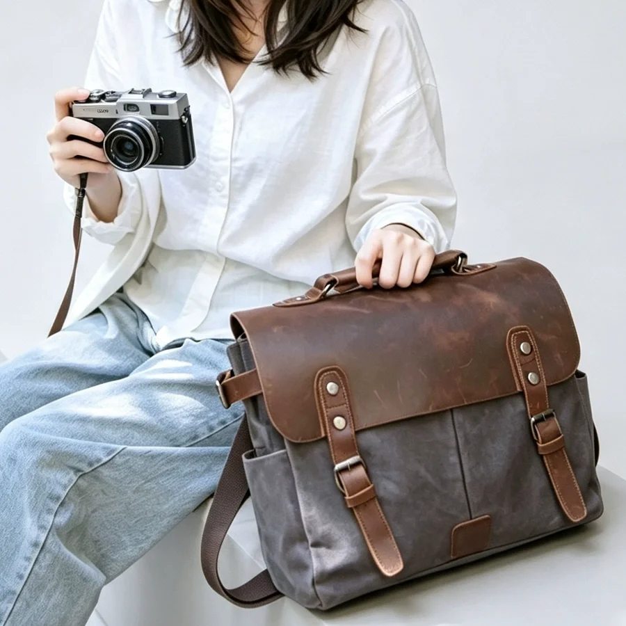 Vintage Waxed Canvas Messenger Bag, Multi-functional Laptop Briefcase, Crossbody Shoulder Handbag for Business Daily Travel