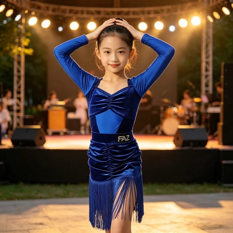 

Girls Blue Fringe Latin Dance Dress Autumn Winter Warm Fabric Children Cha Cha Rumba Samba Practice Competition Dance Clothes