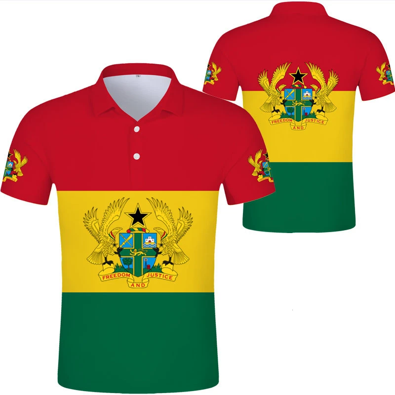 Gha العلم طباعة قميص بولو للرجال ، غا ، الشعار الوطني ، خريطة ، ملابس جرافيك ، جمهورية ، كلية ، أفريقيا ، عارضة ، رياضة ، ملابس الشارع