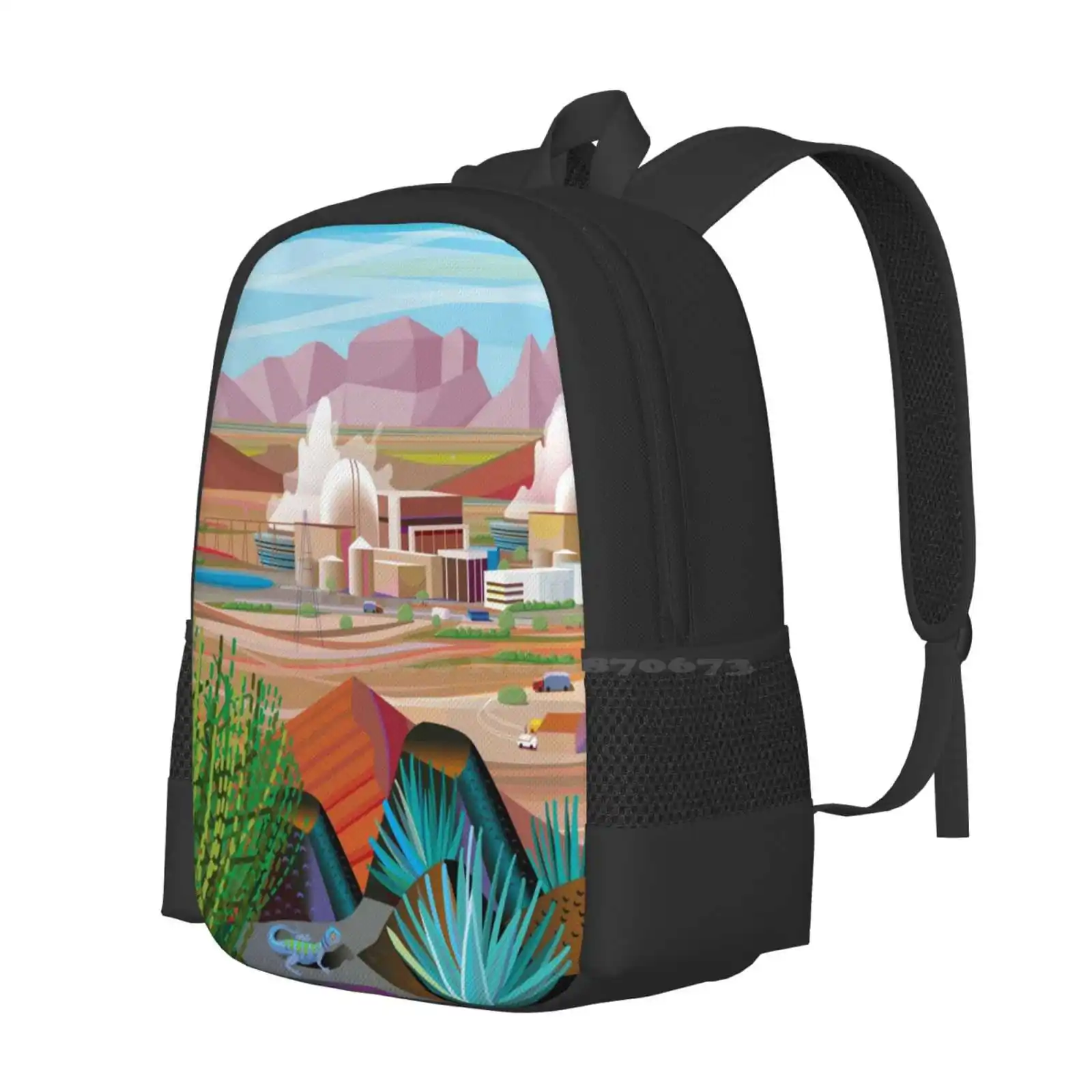 Power Plant In The Desert Hot Sale Schoolbag Backpack Fashion Bags Nuclear Power Plant Desert Arizona Cactus Landscape Lizard