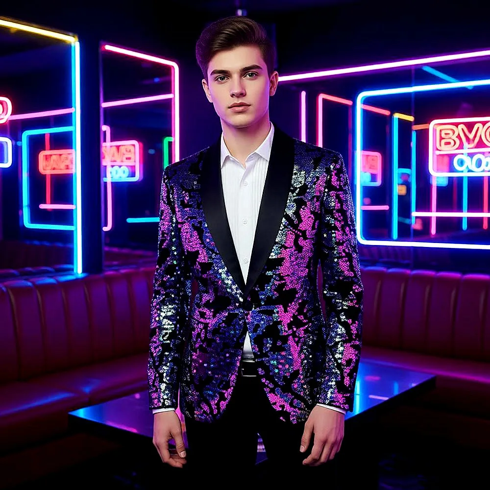 

Luxurious Men's Long-sleeve Suit Jacket with Sequin Embellishments, Perfect for Weddings, Parties, Nightclubs, DJ Performances.