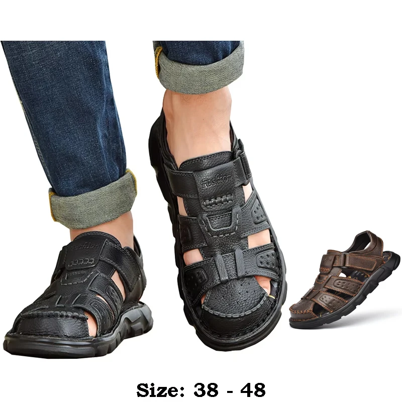 

Высококачественные кожаные сандалии на плоской подошве для мужчин с круглым носком, новинка лета 2025 года, размер 47 48, повседневная обувь для прогулок на открытом воздухе, большие размеры, черный, коричневый